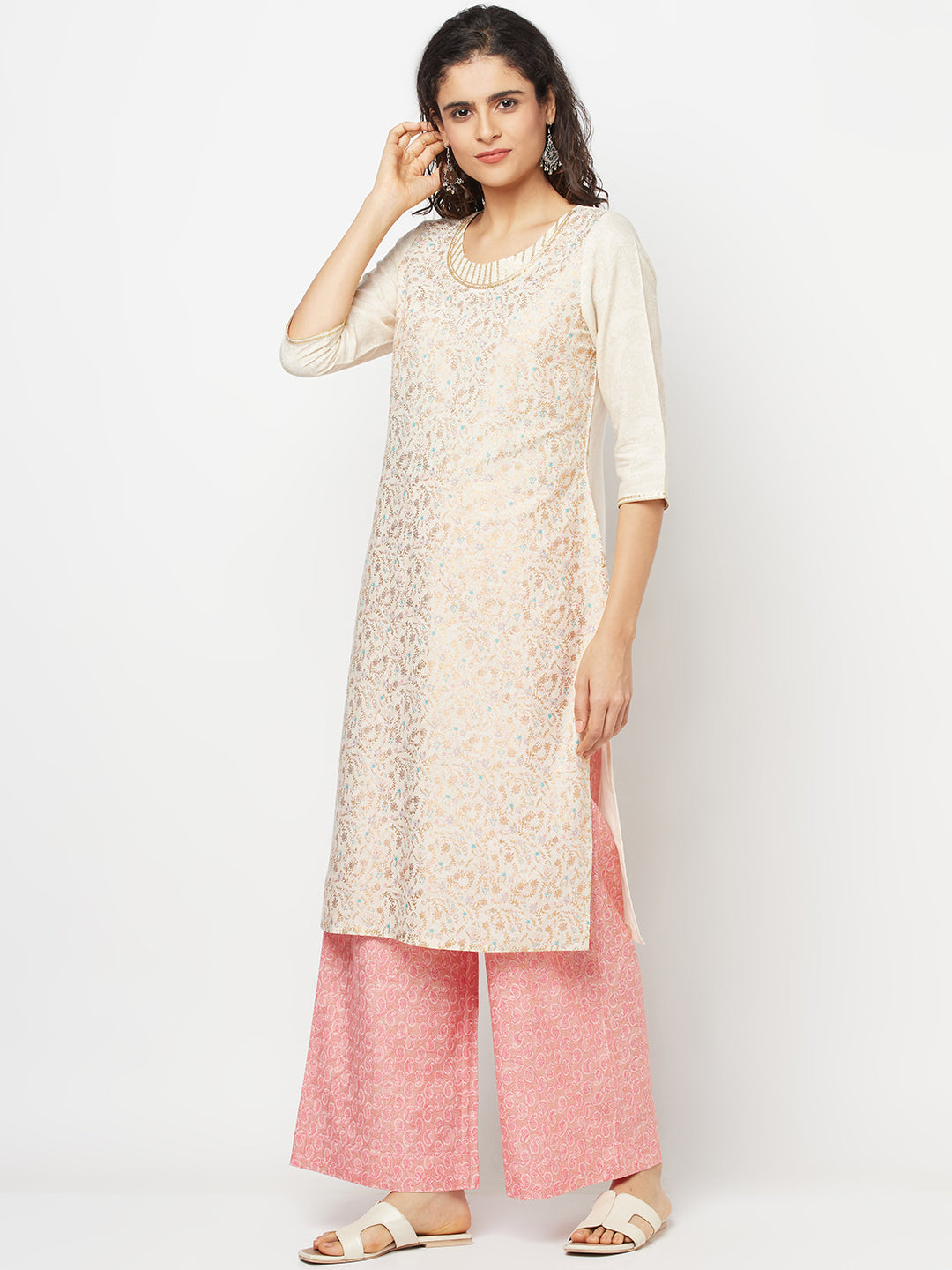 White Printed Kurta And Palazzo Set