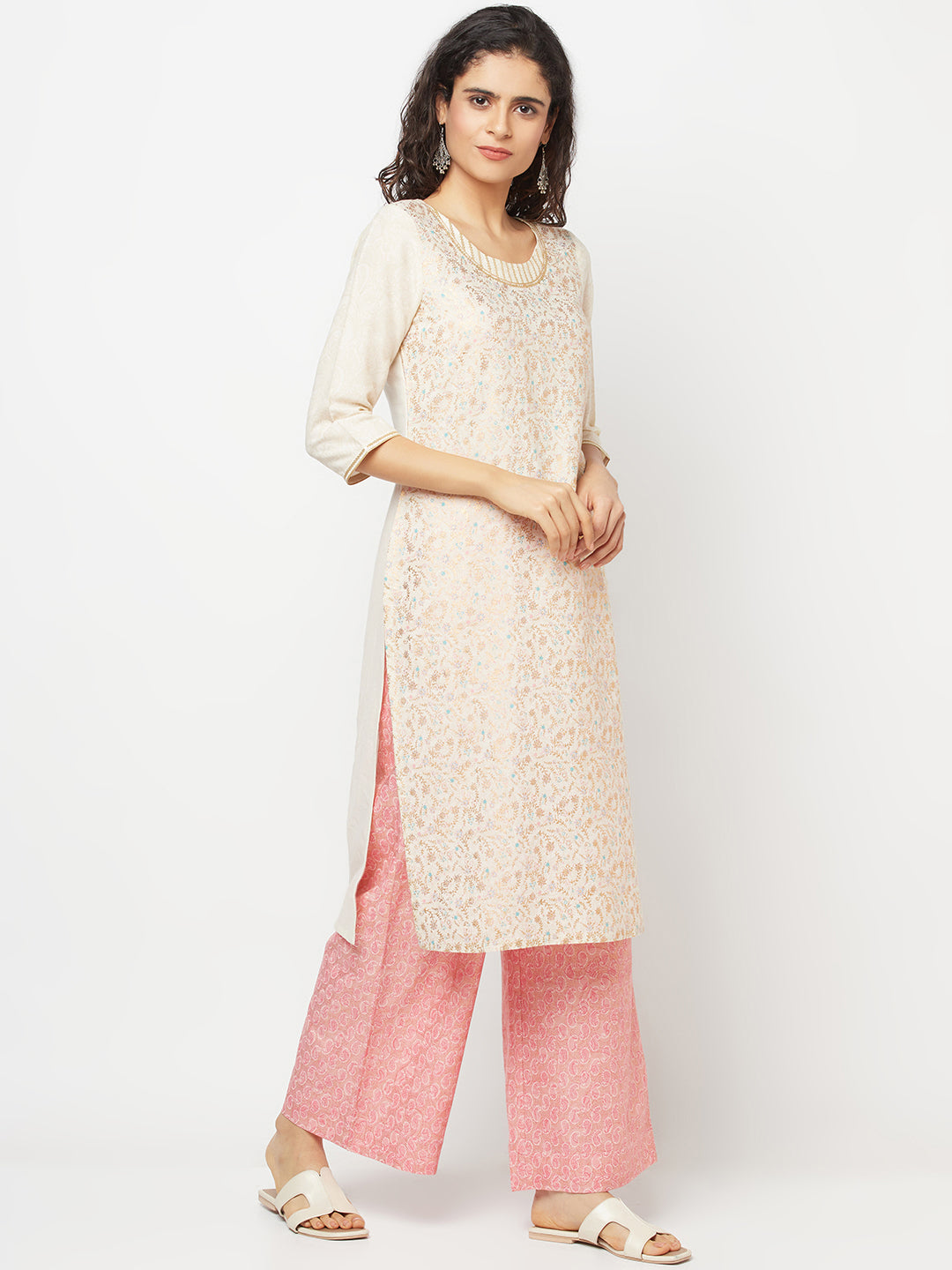 White Printed Kurta And Palazzo Set