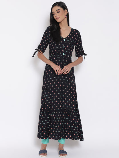 Black Khadi Printed Liva Dress And Tights Set