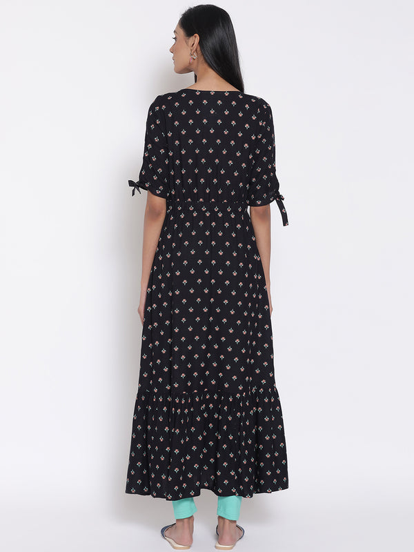Elleven Women's Black Khadi Printed Liva Dress And Tights Set