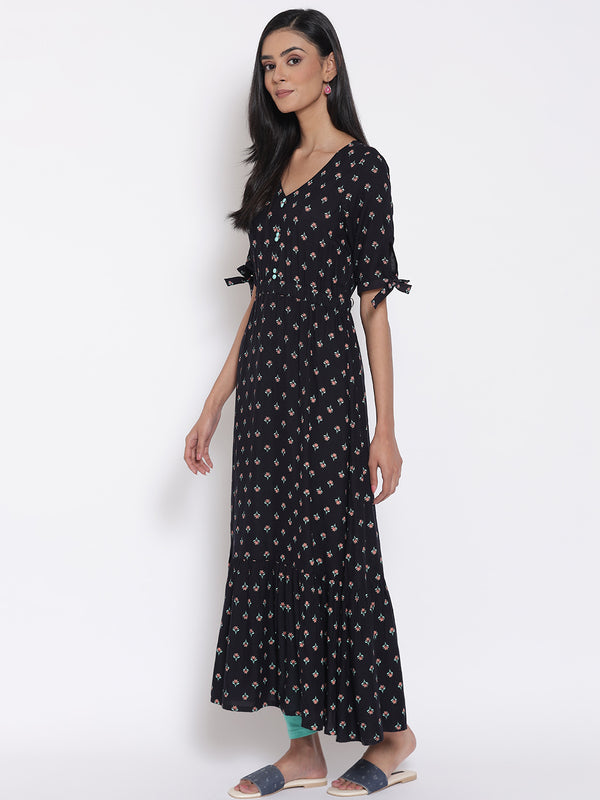 Elleven Women's Black Khadi Printed Liva Dress And Tights Set