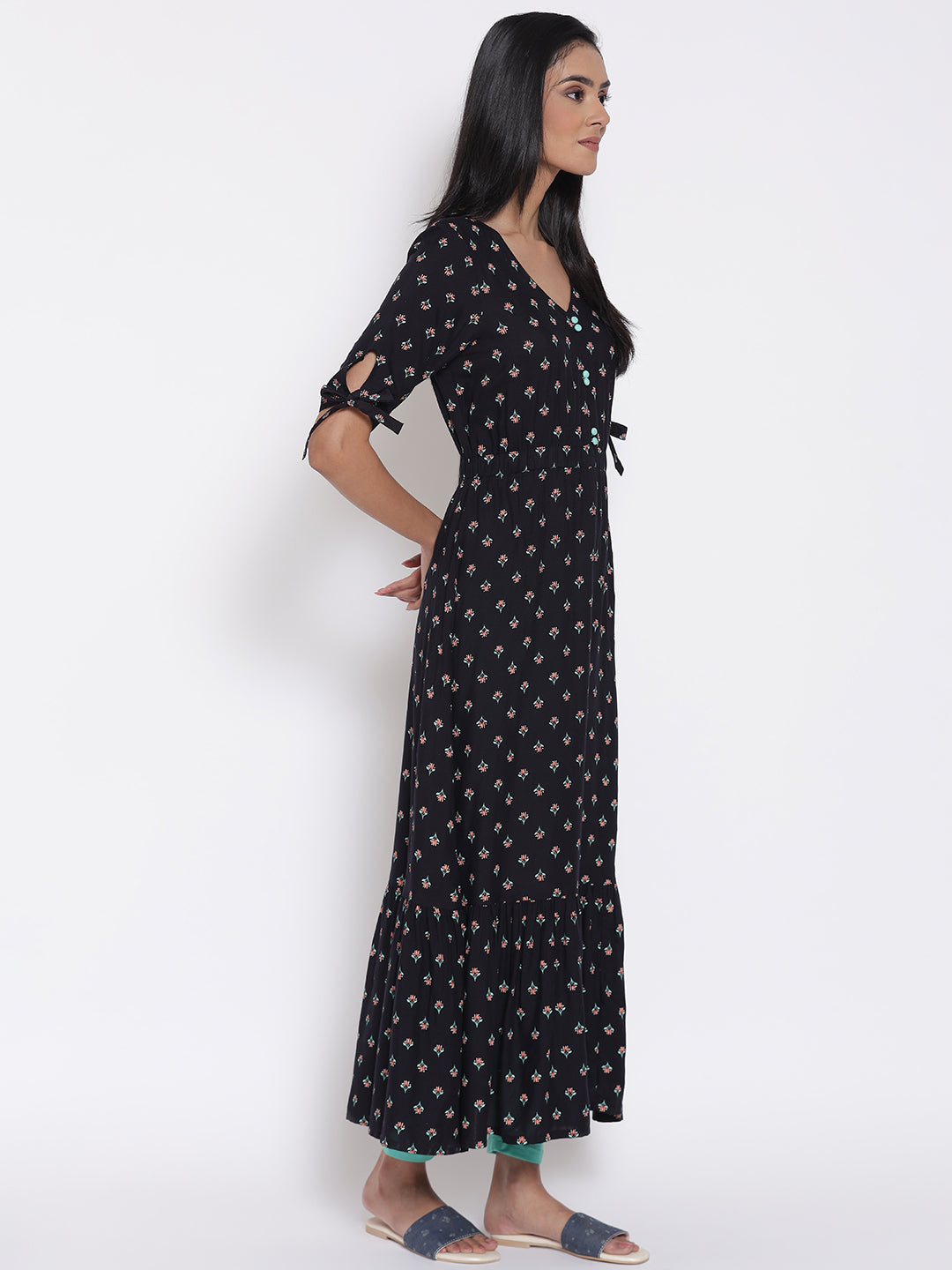 Black Khadi Printed Liva Dress And Tights Set