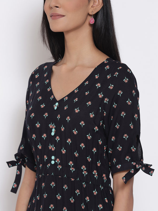 Elleven Women's Black Khadi Printed Liva Dress And Tights Set