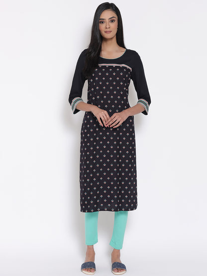 Black Printed LIVA Kurta &amp; Tights