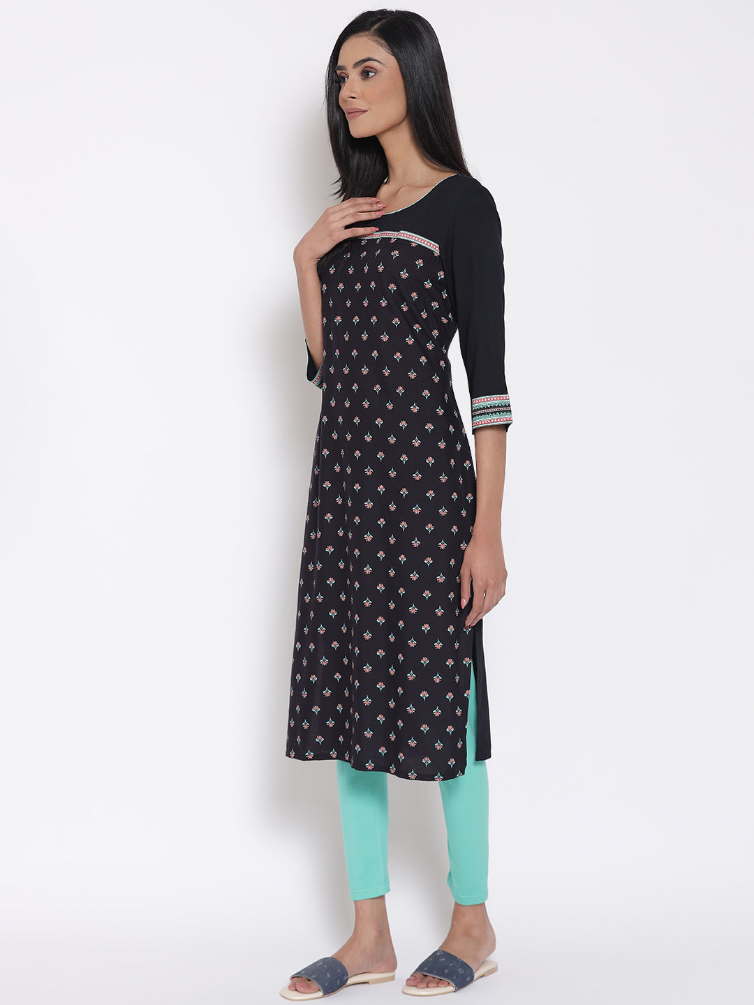 Black Printed LIVA Kurta &amp; Tights