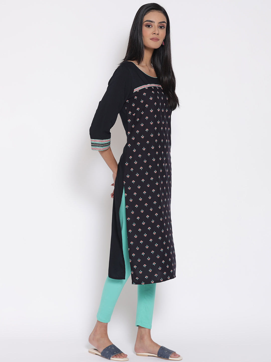 Black Printed LIVA Kurta &amp; Tights