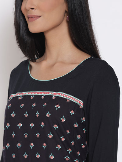 Black Printed LIVA Kurta & Tights