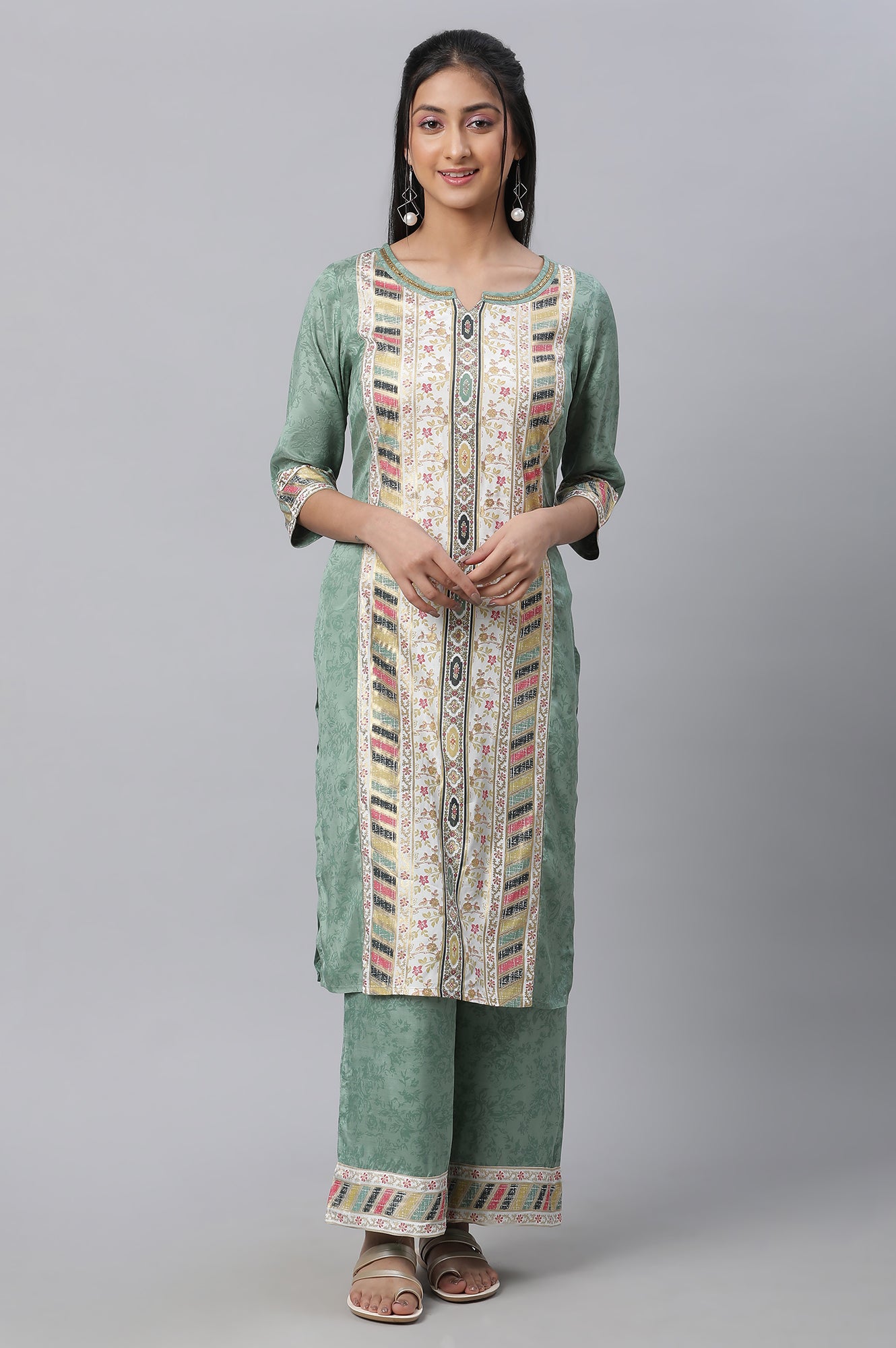 Green Printed kurta &amp; Straight Pants Set