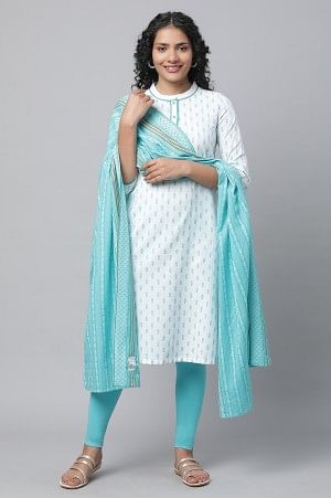 Blue Floral Dobby kurta, Tights &amp; Pants Set