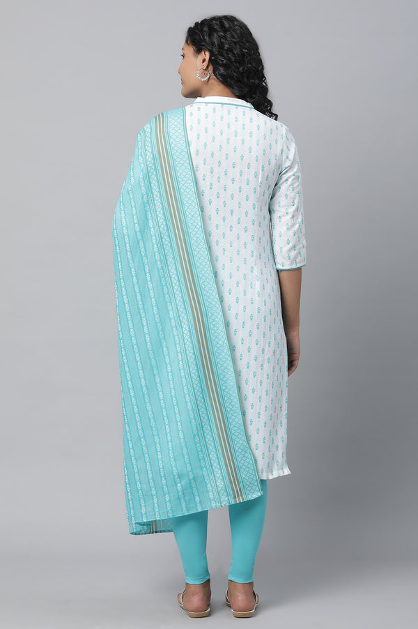 Blue Floral Dobby kurta, Tights & Pants Set