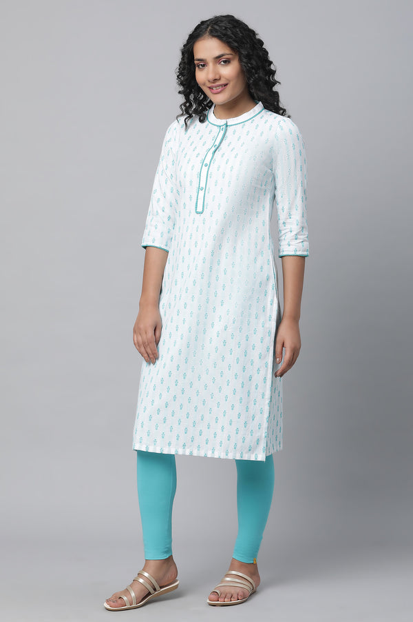 Blue Floral Dobby kurta, Tights & Pants Set