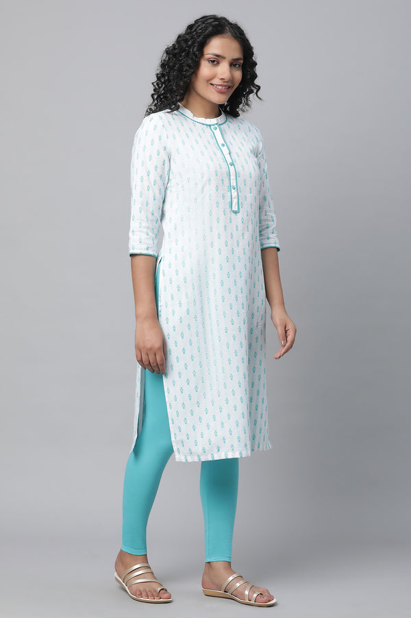 Blue Floral Dobby kurta, Tights & Pants Set