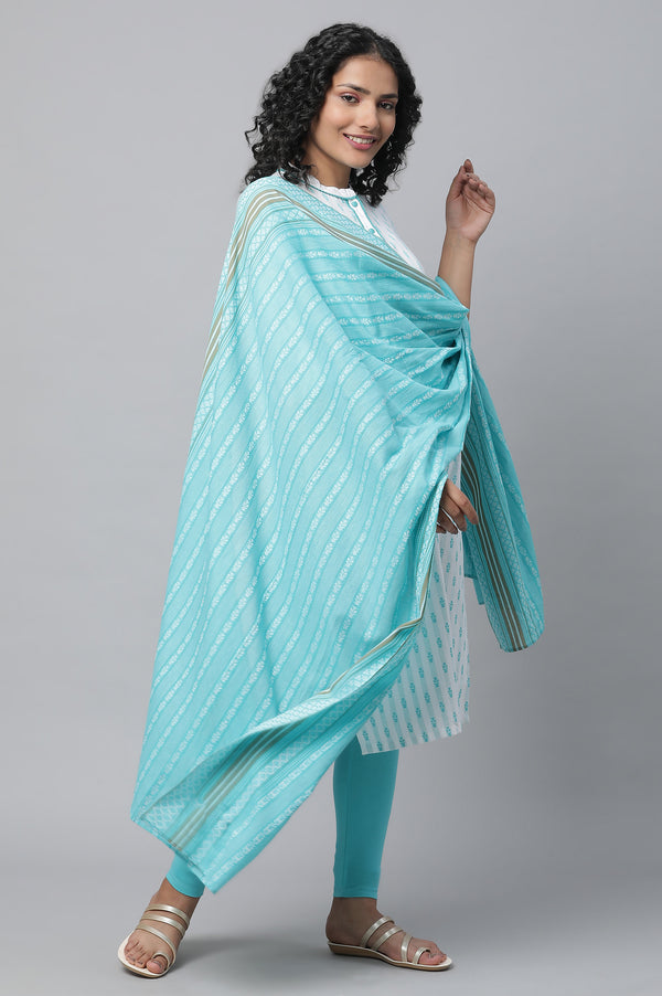 Blue Floral Dobby kurta, Tights & Pants Set