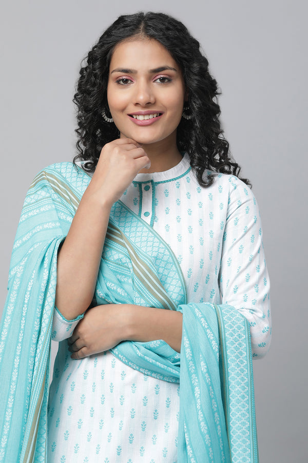 Blue Floral Dobby kurta, Tights & Pants Set