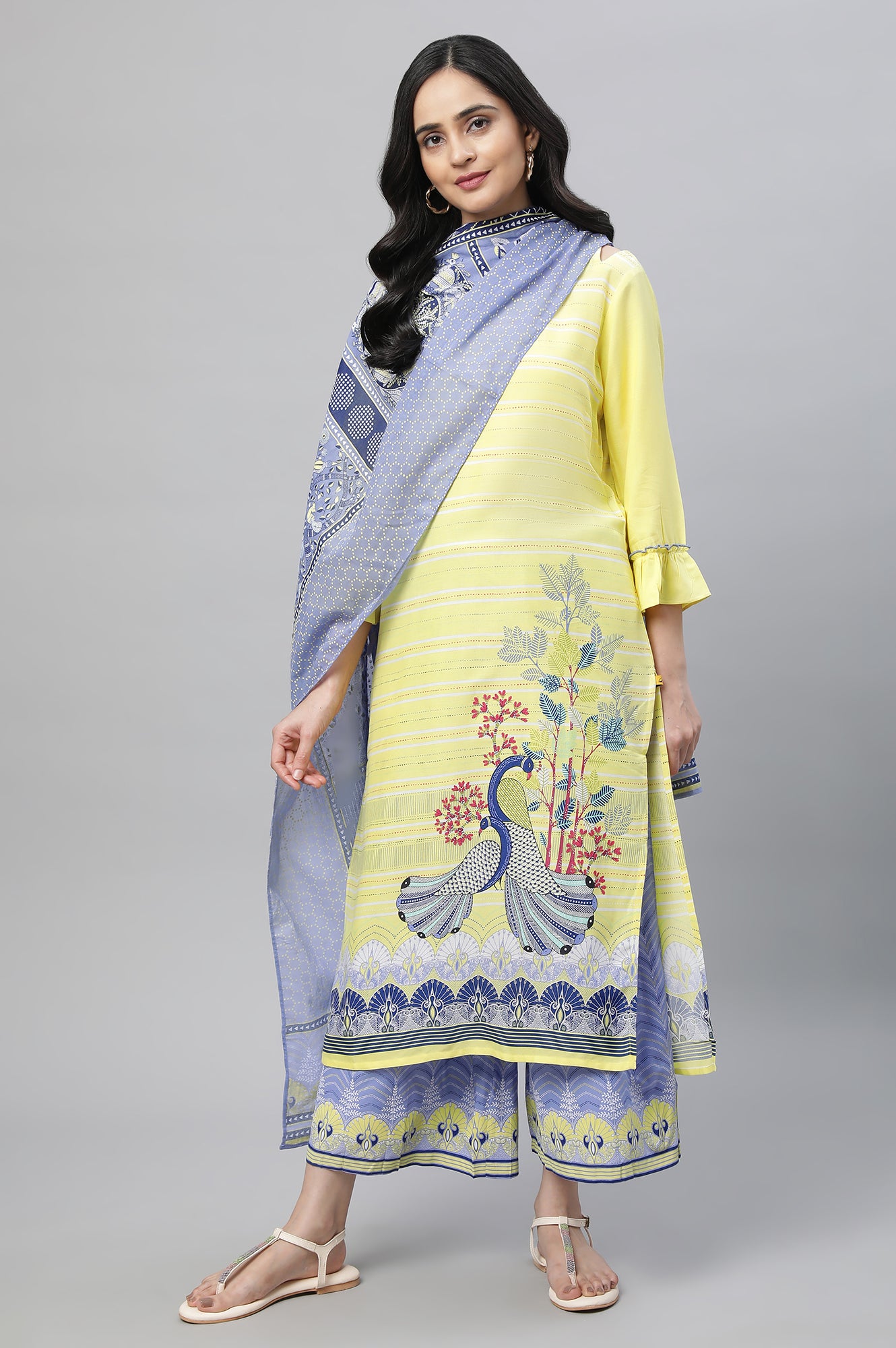 Yellow Printed Kurta, Culottes &amp; Dupatta Set