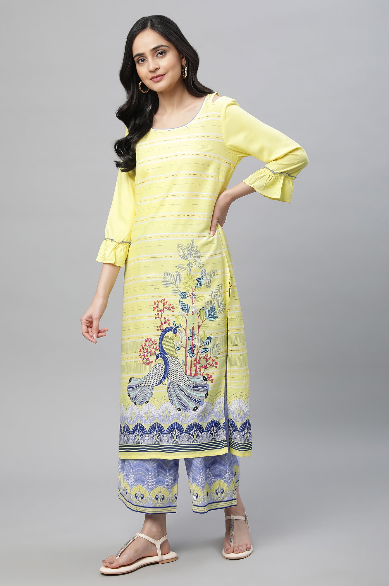 Yellow Printed Kurta, Culottes &amp; Dupatta Set