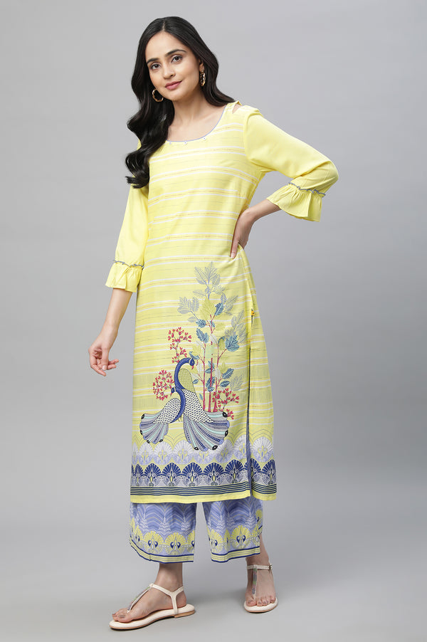 Yellow Printed Kurta, Culottes & Dupatta Set