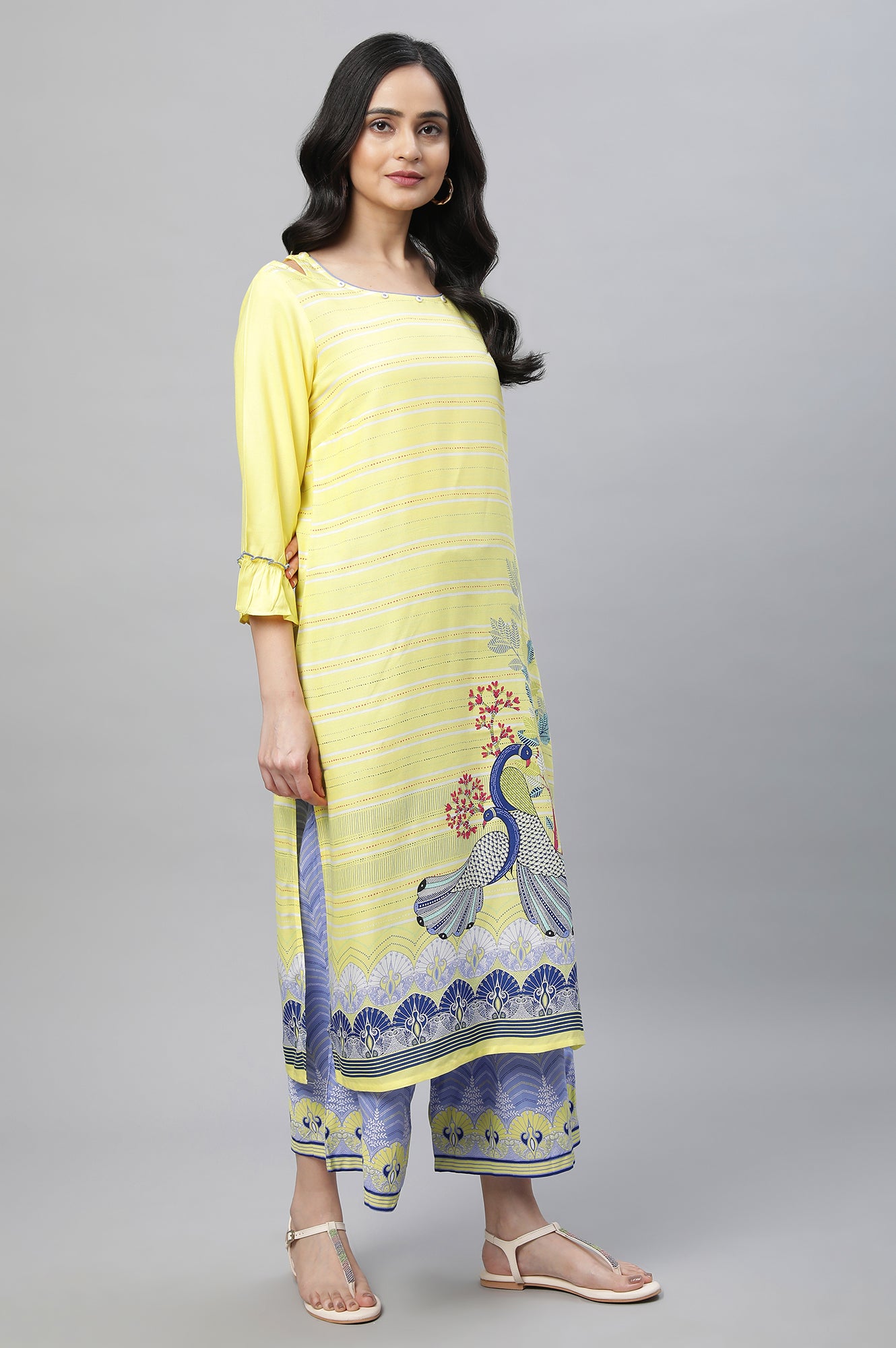 Yellow Printed Kurta, Culottes &amp; Dupatta Set