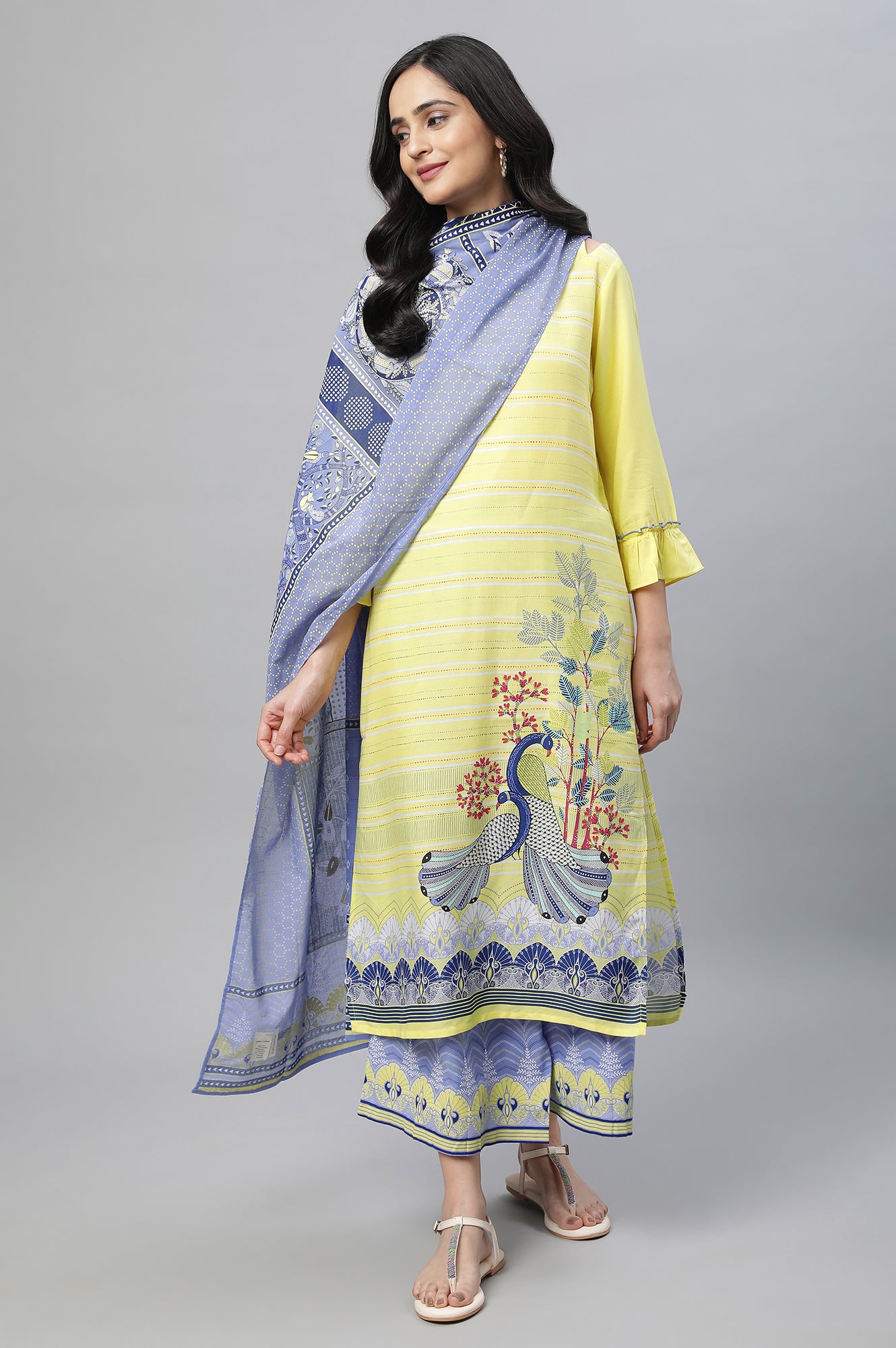 Yellow Printed Kurta, Culottes &amp; Dupatta Set