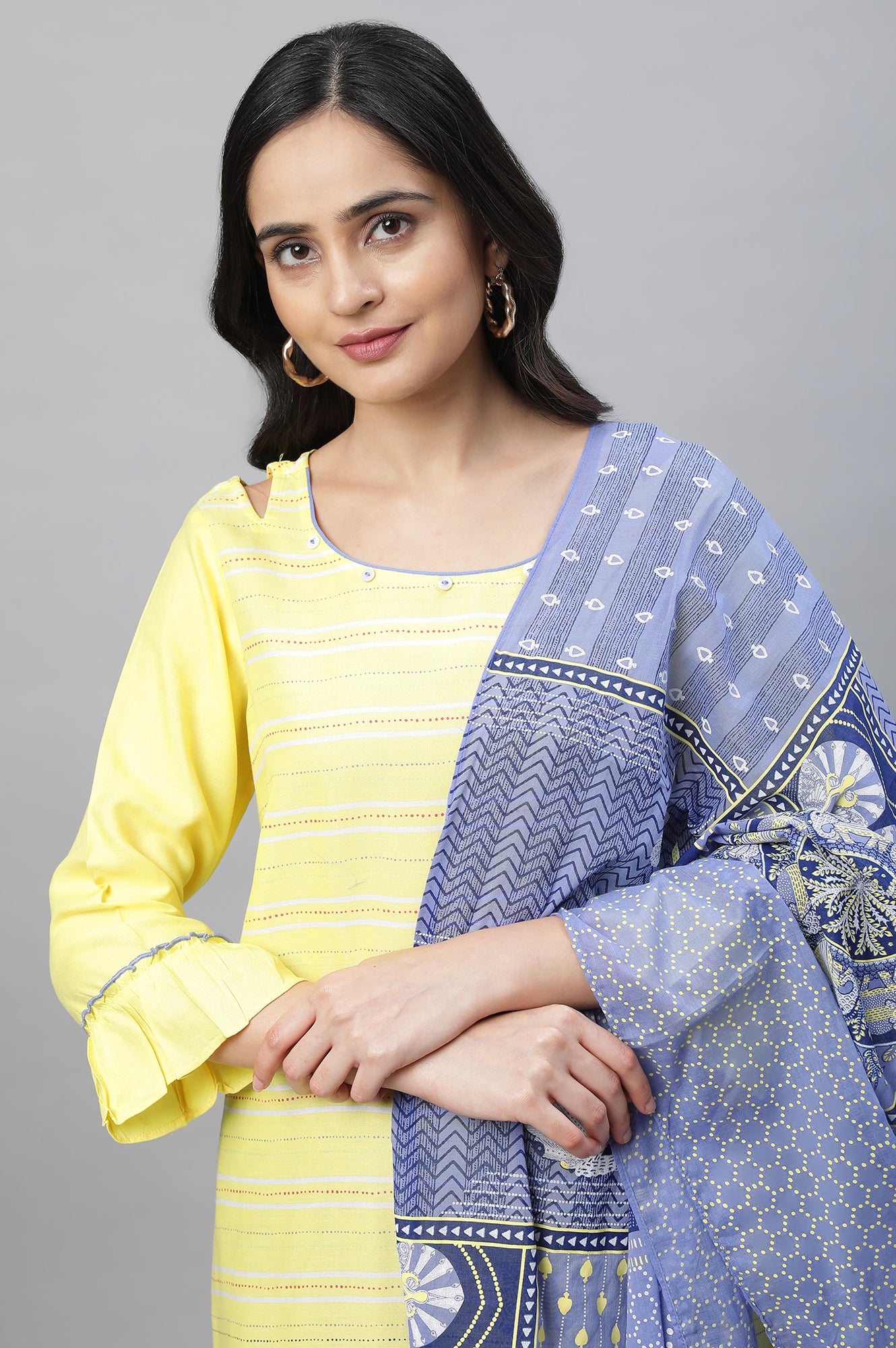 Yellow Printed Kurta, Culottes &amp; Dupatta Set