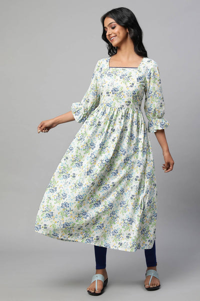 Blue Floral Print Flare kurta & Tights Set