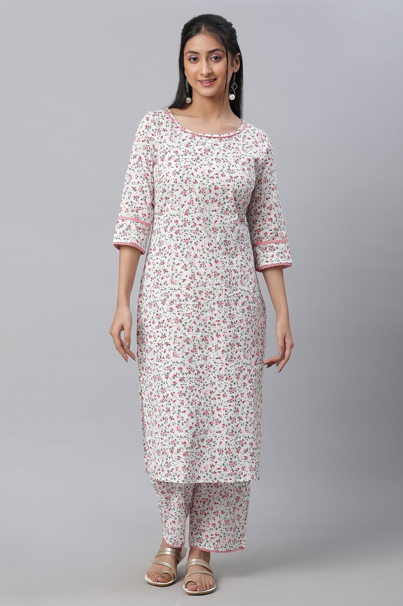 White Floral Printed kurta &amp; Pants Co-Ord Set