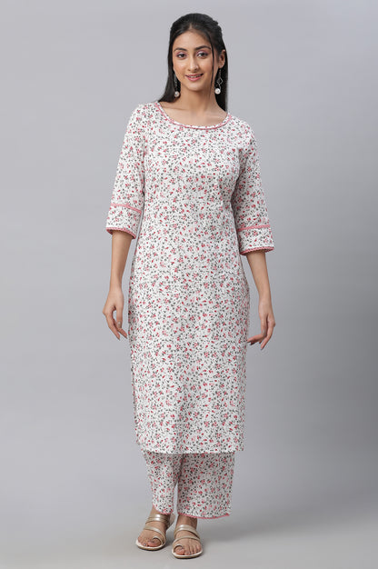 White Floral Printed kurta &amp; Pants Co-Ord Set