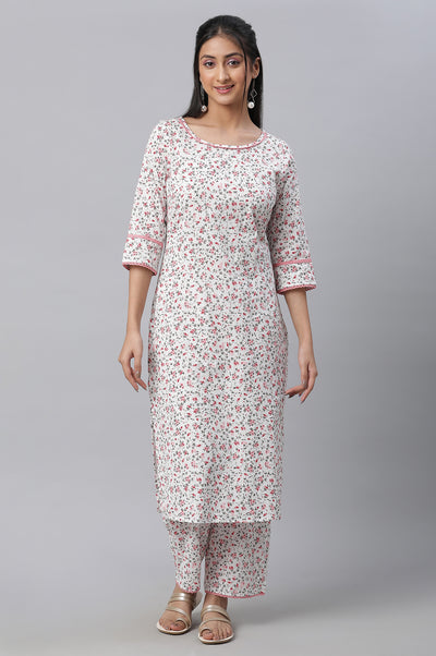 White Floral Printed kurta & Pants Co-Ord Set
