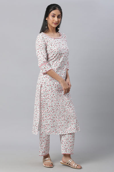 White Floral Printed kurta & Pants Co-Ord Set