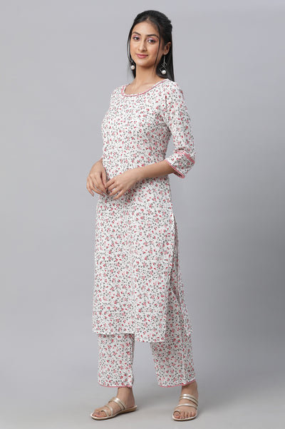 White Floral Printed kurta & Pants Co-Ord Set