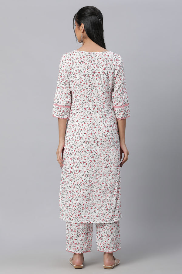 White Floral Printed kurta & Pants Co-Ord Set