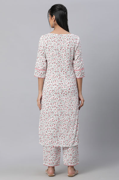 White Floral Printed kurta & Pants Co-Ord Set