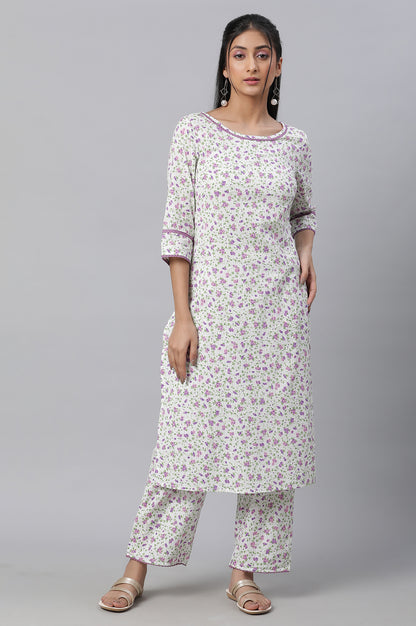 White Floral Printed kurta &amp; Pants Co-Ord Set