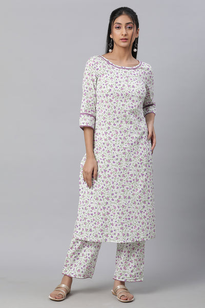 White Floral Printed kurta & Pants Co-Ord Set