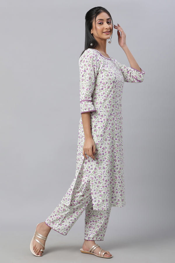 White Floral Printed kurta & Pants Co-Ord Set