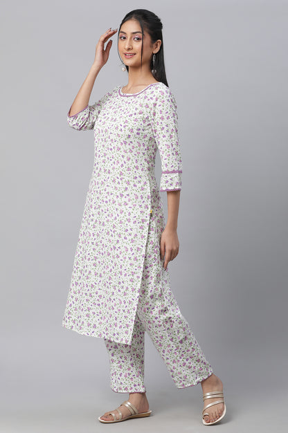 White Floral Printed kurta &amp; Pants Co-Ord Set