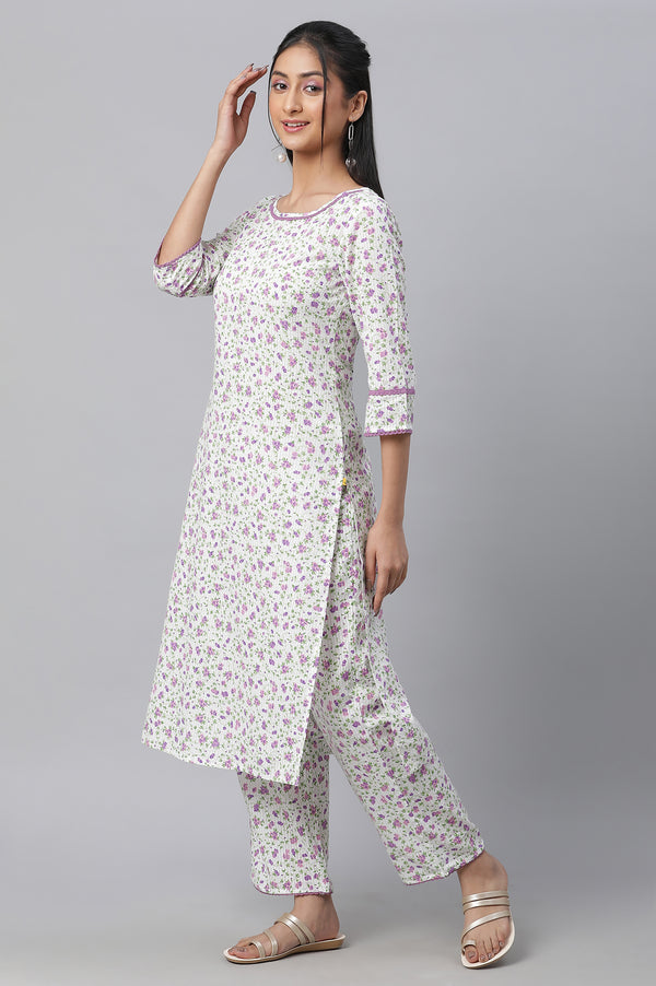 White Floral Printed kurta & Pants Co-Ord Set