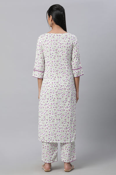 White Floral Printed kurta & Pants Co-Ord Set