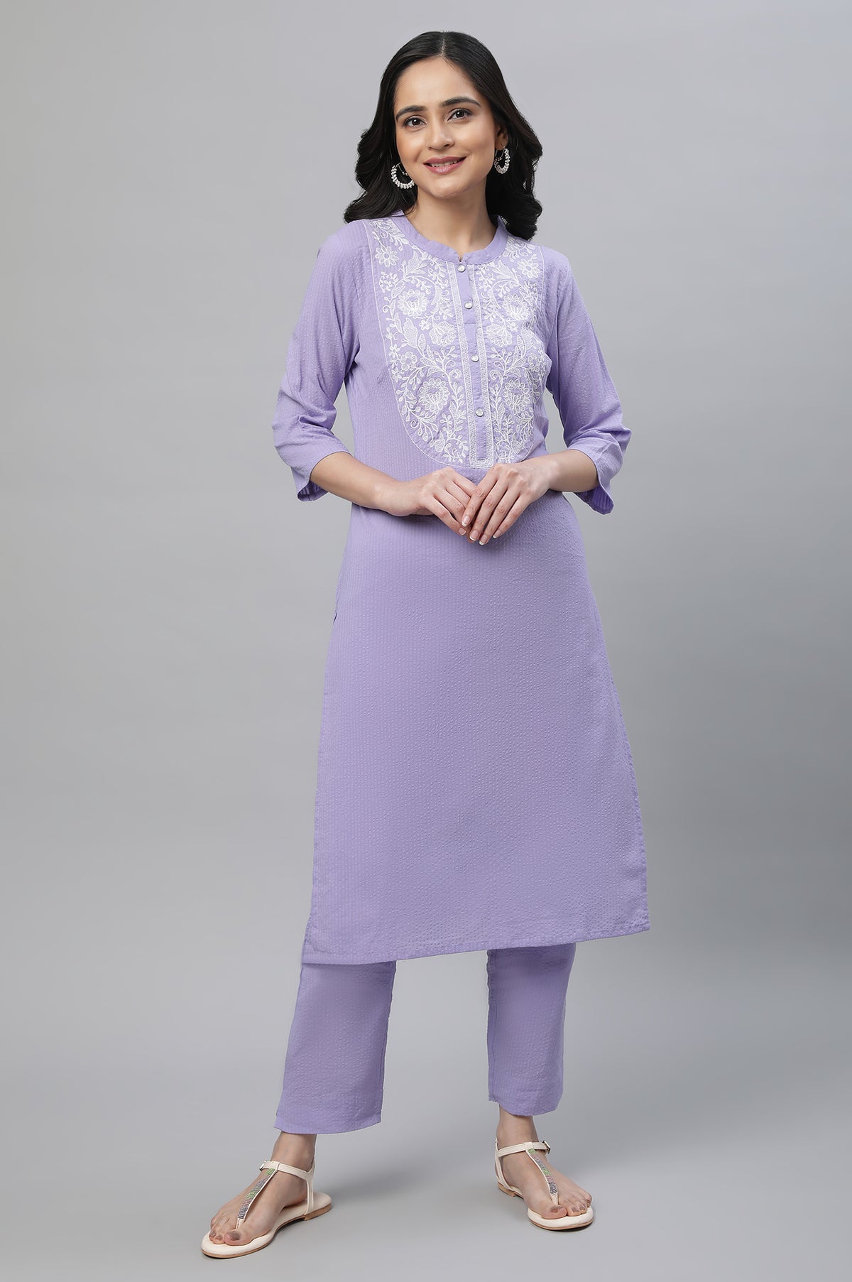 Purple Textured Cotton Embroidered Kurta Co-ord Set - XS