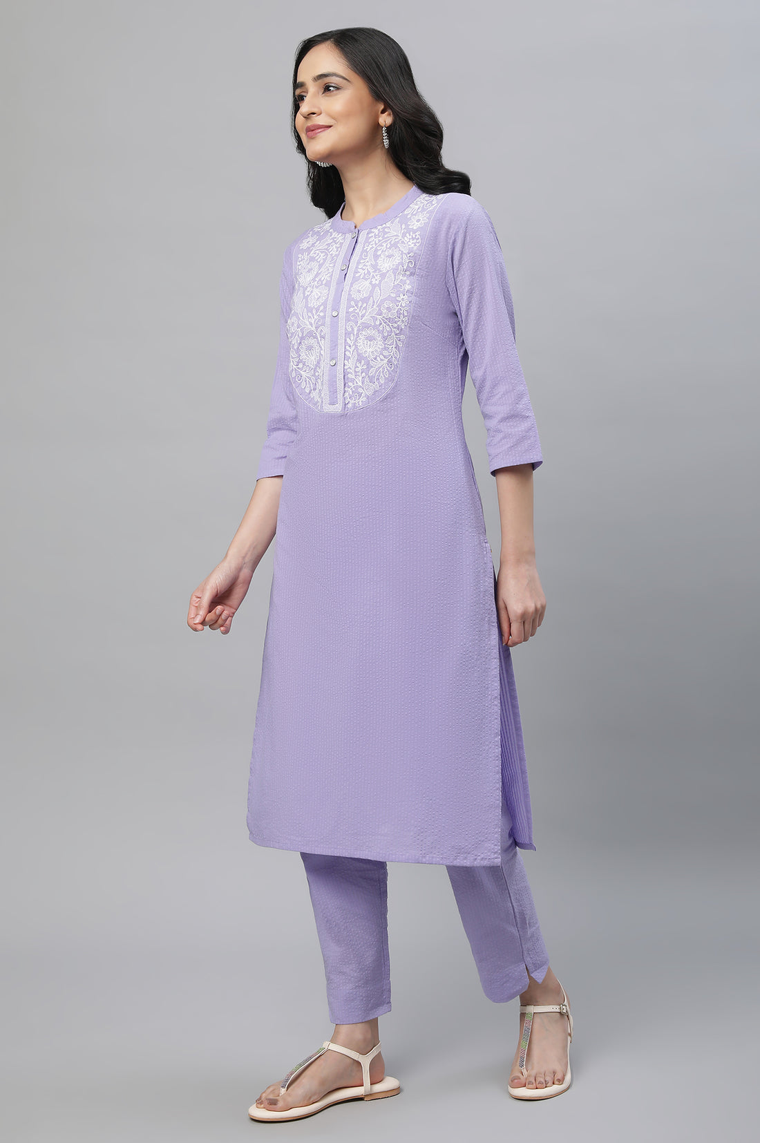 Purple Textured Cotton Embroidered Kurta Co-ord Set