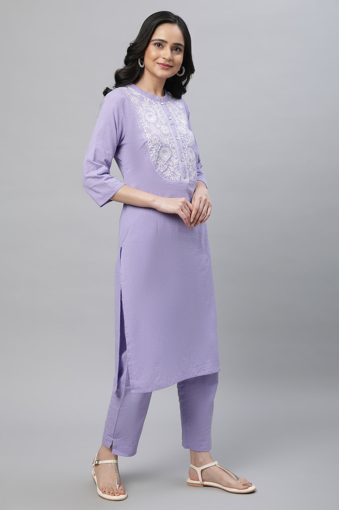 Purple Textured Cotton Embroidered Kurta Co-ord Set
