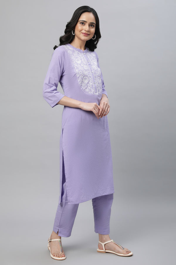 Purple Textured Cotton Embroidered Kurta Co-ord Set