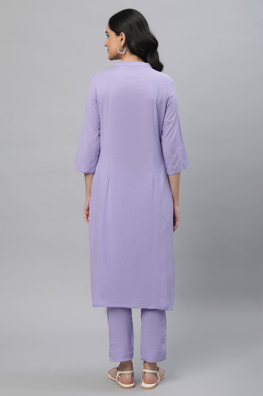 Purple Textured Cotton Embroidered Kurta Co-ord Set