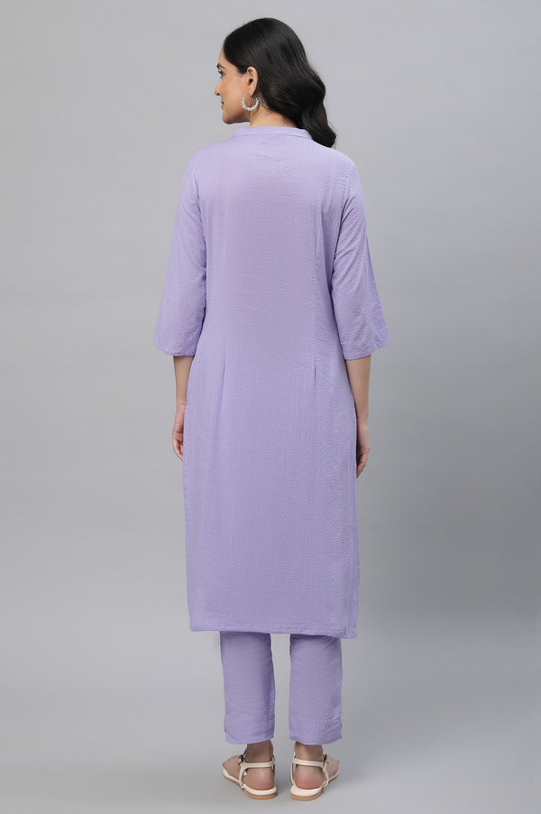 Purple Textured Cotton Embroidered Kurta Co-ord Set