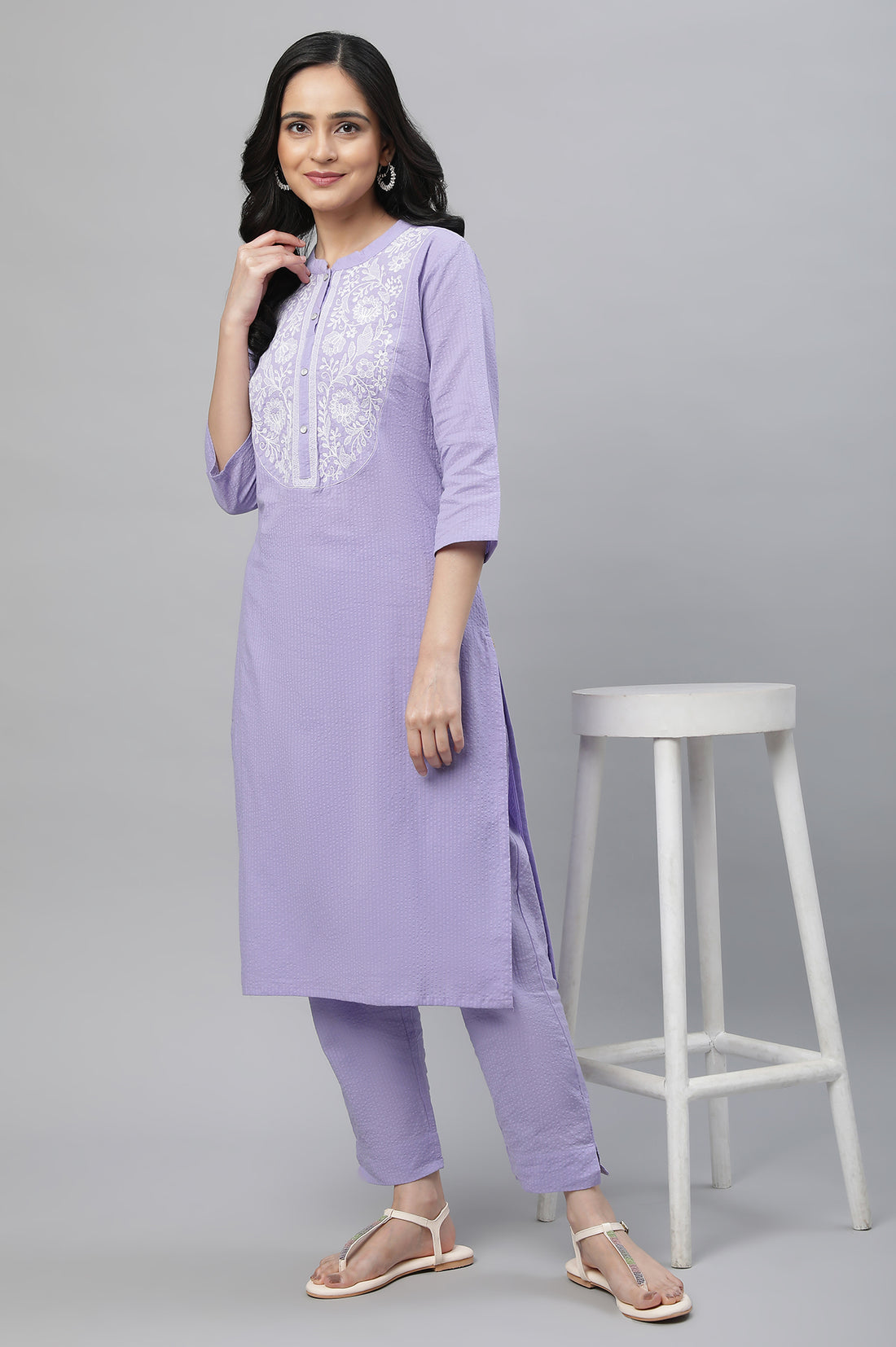 Purple Textured Cotton Embroidered Kurta Co-ord Set
