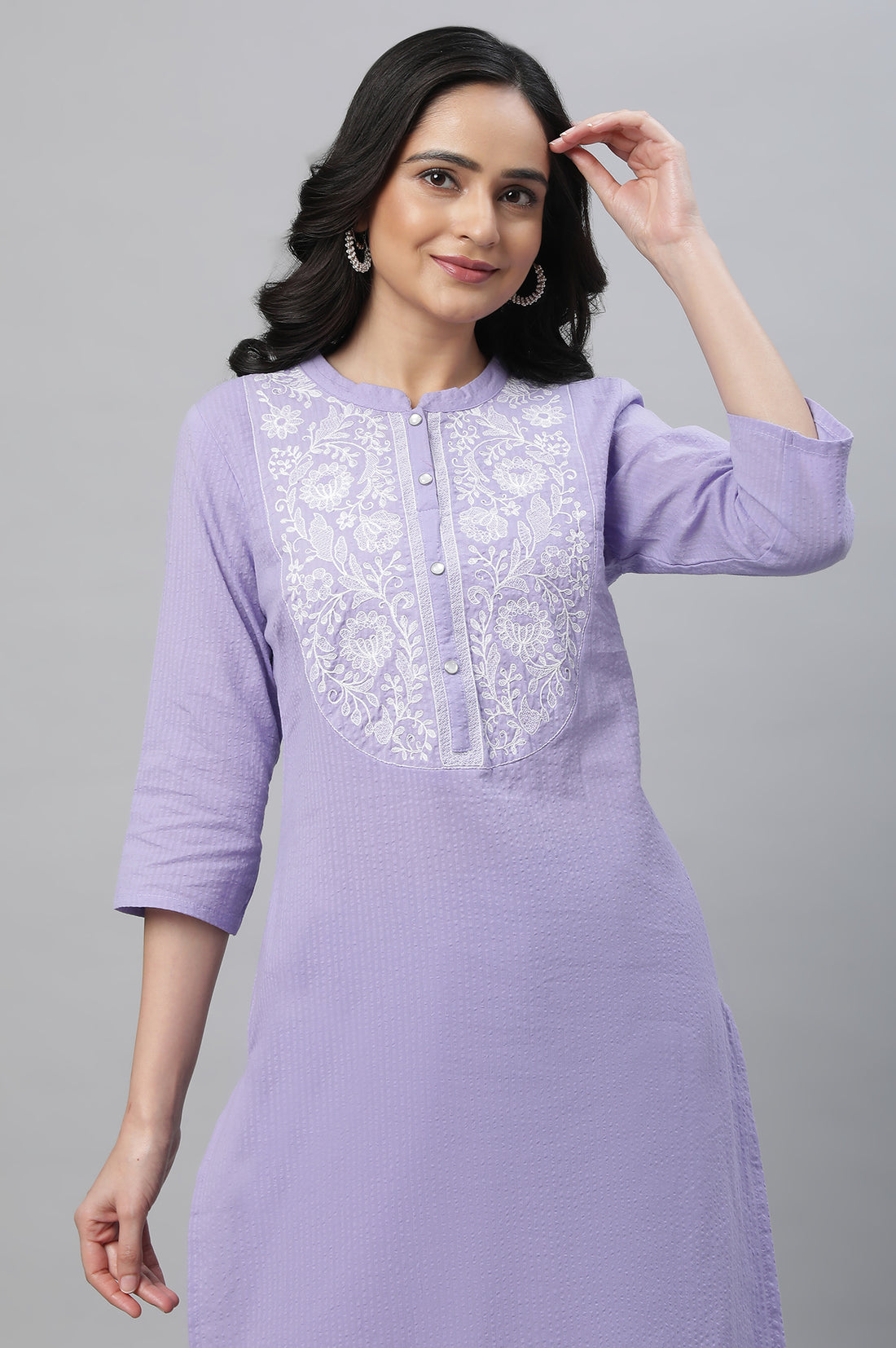 Purple Textured Cotton Embroidered Kurta Co-ord Set