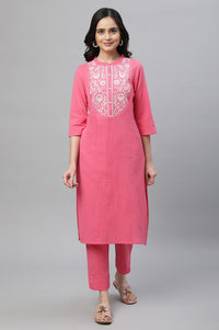 Pink Textured Cotton Embroidered Kurta Co-ord Set