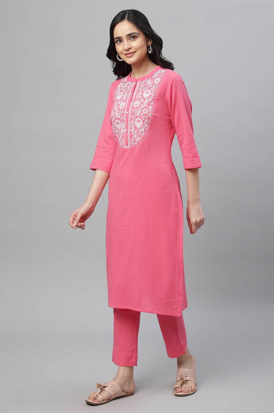 Pink Textured Cotton Embroidered Kurta Co-ord Set