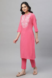Pink Textured Cotton Embroidered Kurta Co-ord Set