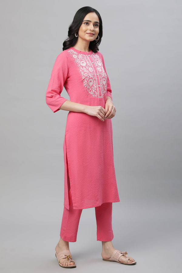 Pink Textured Cotton Embroidered Kurta Co-ord Set